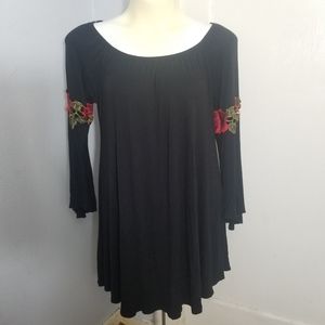 Bell Sleeve Black Mini Dress with Rose Appliques